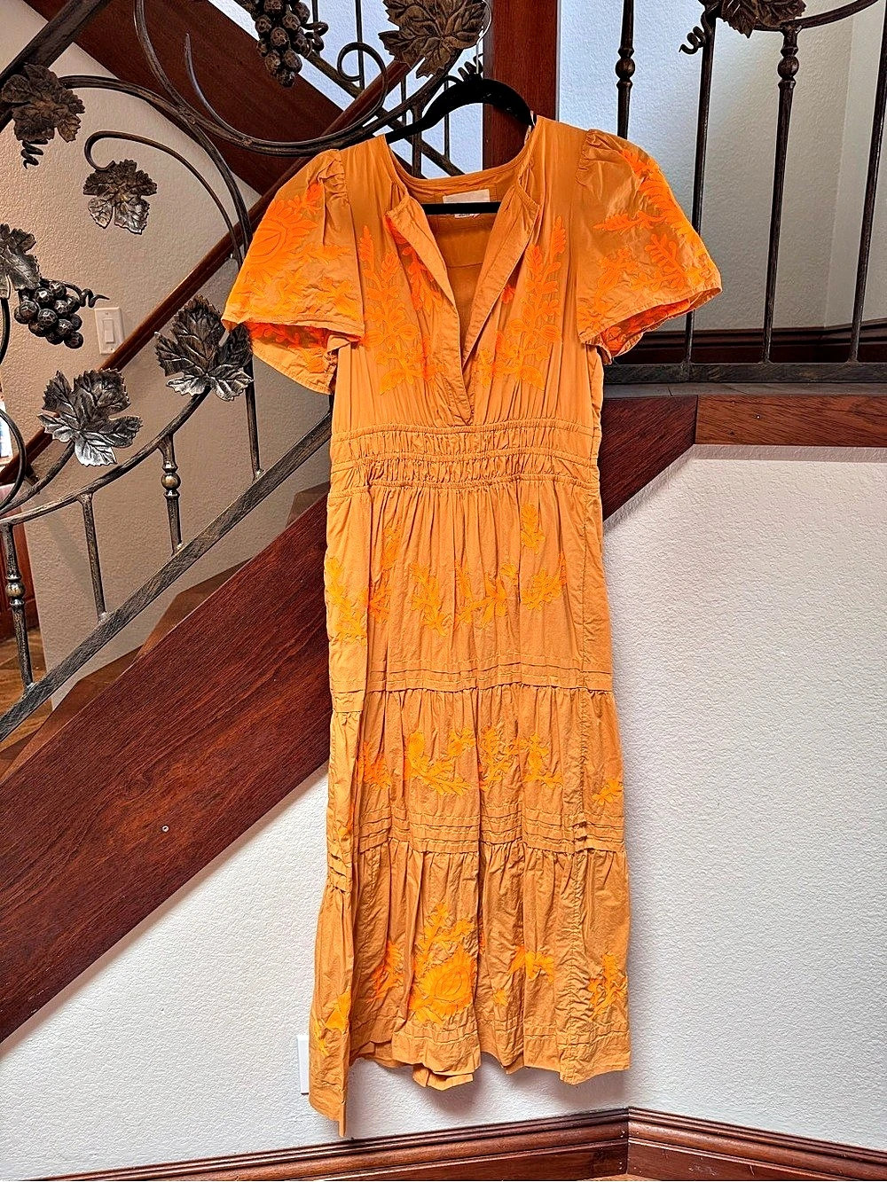 Anthropologie The Somerset embroidered edition maxi Dress Orange and tan Small